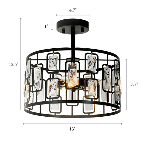 Crystal Semi Flush Mount Ceiling Light With 3 Lights, Black Modern Contemporary Drum Pendant Chandelier, 13 Inch Diameter