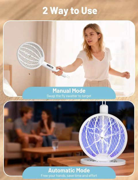 2-In-1 Mosquito Zapper Racket With 4000V Electric Grid Foldable Fly Swatter Rechargeable 1800mAh Battery Auto Zap Base And Purple Light