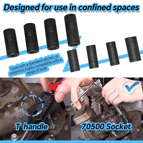 Eight Piece Tap Socket Set With One Quarter Inch Drive And Three Eighths Inch Drive Fits All MCTI Standard Taps Up To One Half Inch And One Eighth Inch NPT Plus Metric Up To Twelve Millimeters For Socket Wrench Kits shown with installation view