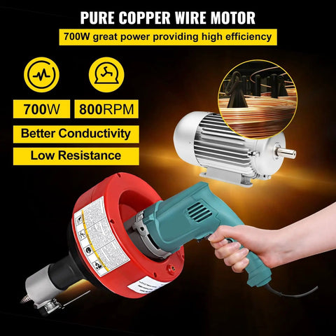 Handheld electric drain cleaner with 700W copper motor, flexible pipe for clearing clogs efficiently.