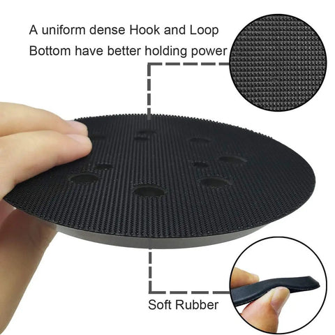 Hands holding a 5 Inch Hook And Loop Replacement Sanding Pad With 8 Holes And 3 Screw Holes For Fast No Fuss Orbit Sanding On 5 Inch Sanders Compatible With BO5010 BO5030K BO5031K BO5041K Durable Dust Holes Pad showing uniform dense hook and loop bottom and soft rubber edge.