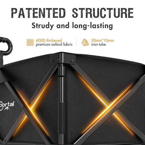 Patented structure of heavy duty collapsible wagon with brakes for all terrain wheels, sturdy steel frame detail