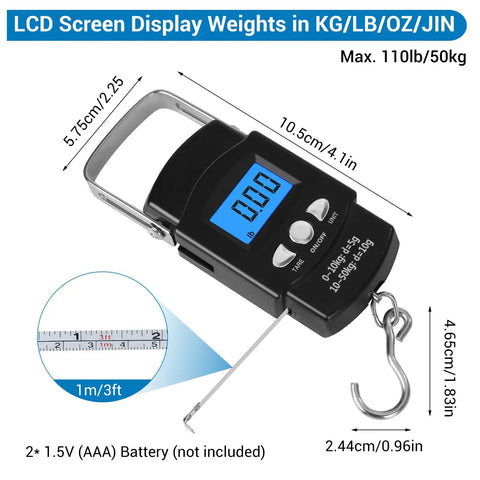 Digital scale from All In One 3 Layer Tackle Box With 213 Pcs Lures Kit, displaying weights in KG/LB/OZ/JIN, max 110lb