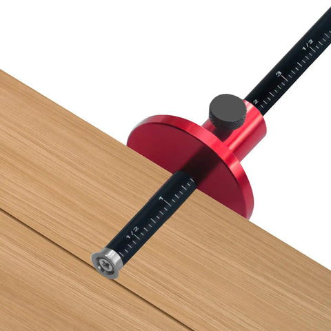 Close-up of Heavy Duty Rock Solid Adjustable Wheel Marking Gauge For Woodworking Precision Scriber on wood with knurled knob.