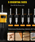 Woodworking Countersink Drill Bit Set With Low Friction Depth Stop Includes 1/8 In, 9/64 In, 5/32 In Drill Bits And 3/8 In 82 Degree Counterbores displayed