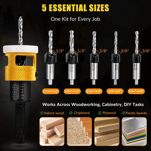 Woodworking Countersink Drill Bit Set With Low Friction Depth Stop Includes 1/8 In, 9/64 In, 5/32 In Drill Bits And 3/8 In 82 Degree Counterbores displayed