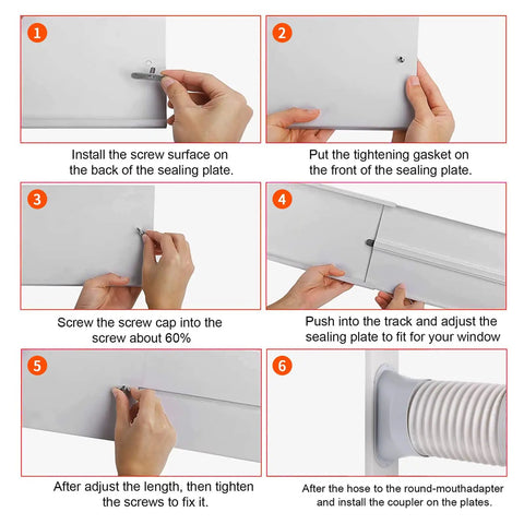Installation steps for Universal Portable AC Window Vent Kit With 59 Inch Exhaust Hose 5.9 Inch Window Seal shown in six images