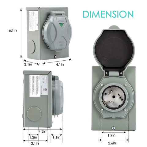 50 Amp Generator Inlet Box NEMA 3R Plug for Indoors Or Outdoors All Weather, 125/250V, 3 Prong, Waterproof Transfer Switch Inlet, Up to 12,500 Watts, ETL Listed, RV Ready Power Inlet Box, gray metal, 6.1 in dimensions