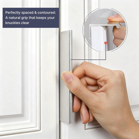 Brushed Nickel 10 Pack 5 Inch Edge Finger Cabinet Pulls Aluminum Alloy Hardware installed on a white cabinet door