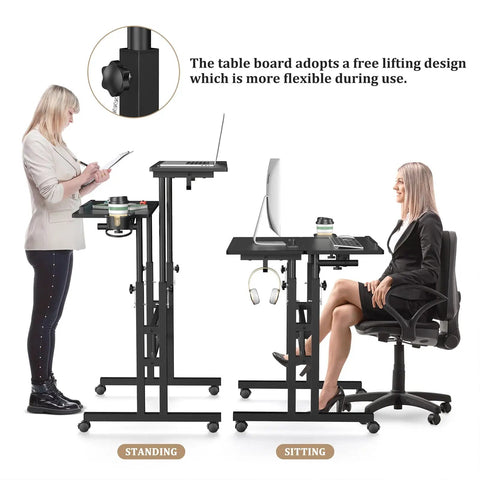 Rolling Standing Desk On Wheels With Height Adjustment for sitting and standing, 23.6 x 23.6 inch workspace in a home office setup.
