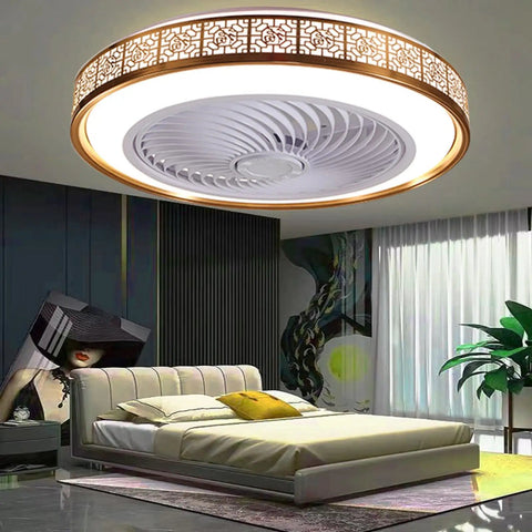 Sleek 20 Inch Bladeless Ceiling Fan With Light Remote Control Three Color Temperature Dope Low Profile Gold Finish Above Bed