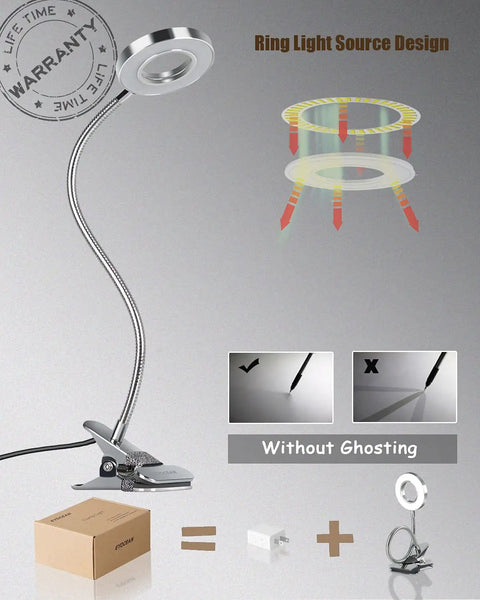 LED Clip On Reading Light With Dimmable Brightness, 3 Modes And 10 Levels, Flexible Clamp Desk Lamp assembly details