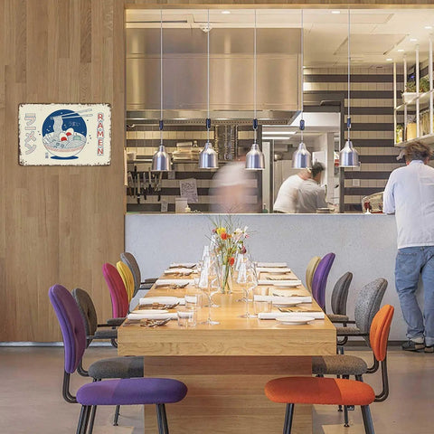 Retro Metal Ramen Sign Dope Vintage Japanese Tin Wall Art 8x12 Inches decor in modern dining area with chefs working.