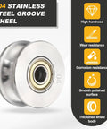 Top Shelf 304 Stainless Steel U Groove Pulley Wheel 10mm Bore 48mm OD 6.5mm Width Built Tough With A Slick Polish For Smooth Rope Cable Roller Performance Indoors Or Outdoors, showcasing polished surface and bearing.