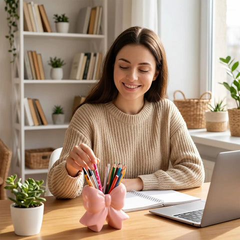 Woman using Six Piece Bow Pencil Holder Set For Back To School Ceramic Coquette Pen Holder at home workspace desk