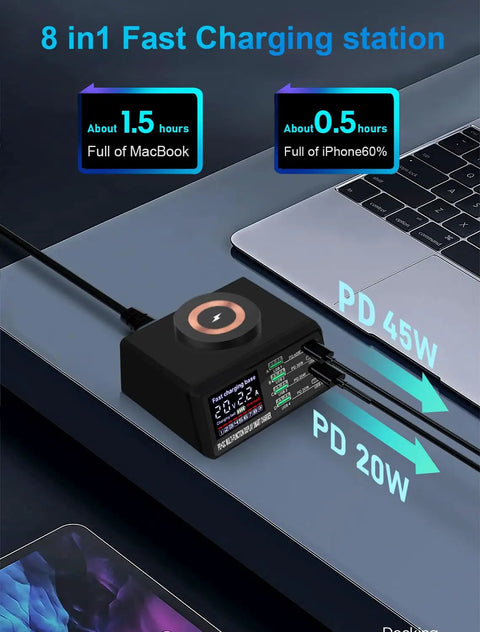 110W 8 Port USB Charging Station Fast Charge Hub for Phones Tablets Drones and More with laptop and phone on desk