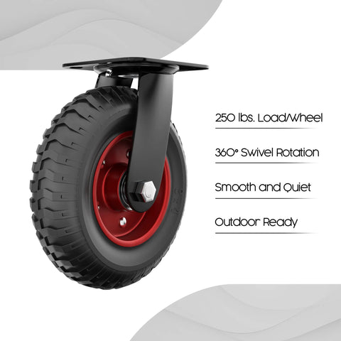 8 Inch Heavy Duty Swivel Caster Wheels with Polyurethane Flat Free Tire for All Terrain Outdoor Use, black tire, red hub