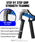 Adjustable Hand Grip Strengthener With 44 To 154 Lbs Resistance, six resistance levels, black handles, blue accent, close-up view