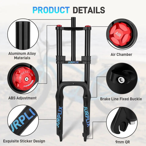 Air Suspension Fork For 20 Inch Fat Tire Mountain Snow Beach E Bike With 180mm Travel And 135mm Spacing 9mm QR Straight Tube MTB