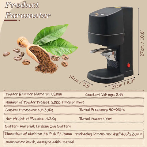 Cordless Electric Espresso Coffee Tamper With Auto Fill And Tamp Function Precision Adjustable 10 To 30Kg Pressure Smart Sensor Tech, black, 27cm tall.