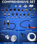 Boss Grade 34 Piece Coolant Pressure Tester Kit With Vacuum Refill Pump Plus Universal Radiator Adapters features 24 adapters and tools.