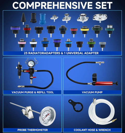Boss Grade 34 Piece Coolant Pressure Tester Kit With Vacuum Refill Pump Plus Universal Radiator Adapters features 24 adapters and tools.