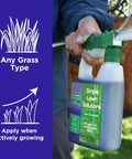 Heavy Duty Liquid Lawn Fertilizer With Iron And Nitrogen, Hose End Sprayer Included, 32 Ounce bottle, being sprayed on lawn