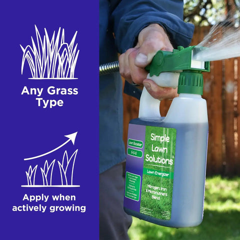 Heavy Duty Liquid Lawn Fertilizer With Iron And Nitrogen, Hose End Sprayer Included, 32 Ounce bottle, being sprayed on lawn