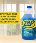 Large bottle of Zep Streak-Free Glass Cleaner for spotless windows and mirrors, placed on a table with a window backdrop.