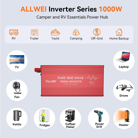 Pure Sine Wave Inverter 1000W Continuous Power With 2000W Peak, 12V DC To 110V And 120V AC Converter for RV and Home Use