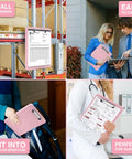 Storage Clipboards With Low Profile Clip For Work And School 8.5x11 Inch Clipboard Case With Snap Closure And Hanging Hole Nurse Friendly For Classrooms And Office Use Must Have shown in various settings: warehouse, office, bag, nurse use.