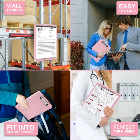 Storage Clipboards With Low Profile Clip For Work And School 8.5x11 Inch Clipboard Case With Snap Closure And Hanging Hole Nurse Friendly For Classrooms And Office Use Must Have shown in various settings: warehouse, office, bag, nurse use.