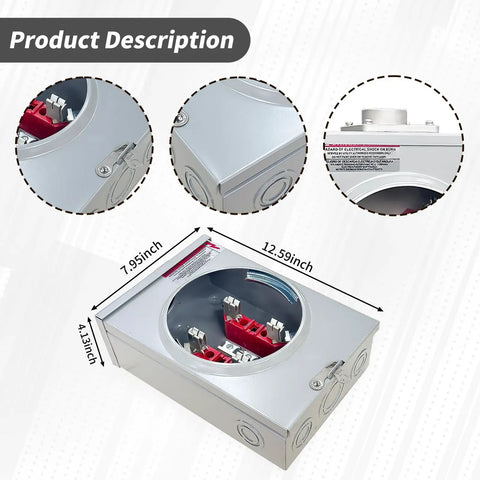 Heavy Duty 125 Amp Meter Socket 4 Jaw Base 600V One Phase Three Wire Ringless Gear With Horn Bypass Cover Plate shown from multiple angles with dimensions.