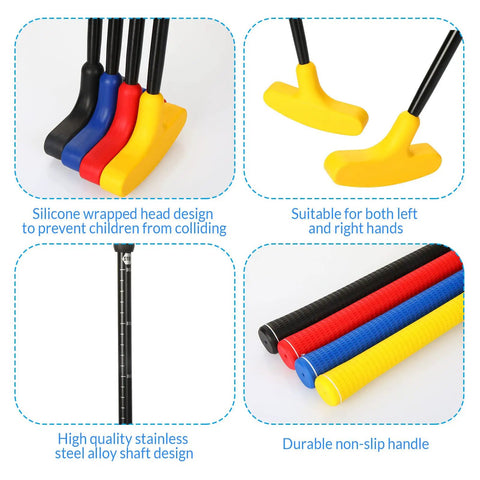 Two Way Mini Golf Putter Set Four Pack With Adjustable Length Includes Four Balls Right Or Left Handed Golf Putters visible.