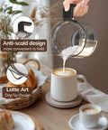 All In One Electric Milk Frother And Steamer For Latte And Hot Chocolate With Boss Froth In Minutes being poured into a mug