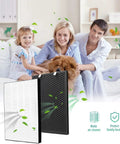 Family with pet enjoying clean air using Air 220 and Air 320 Replacement Filter Set 3-in-1 HEPA Filter Plus Activated Carbon and Pre Filter for Air Purifier 2678 2677 Compatible 2 Pack Premium Replacement for Cleaner Indoor Air and No-Brainer Setup