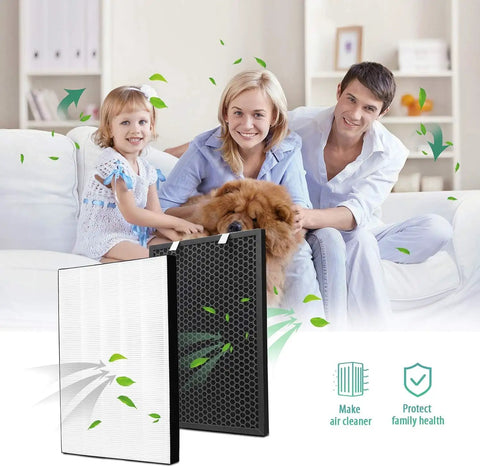 Family with pet enjoying clean air using Air 220 and Air 320 Replacement Filter Set 3-in-1 HEPA Filter Plus Activated Carbon and Pre Filter for Air Purifier 2678 2677 Compatible 2 Pack Premium Replacement for Cleaner Indoor Air and No-Brainer Setup