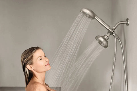 High Pressure Dual Shower Head With Handheld Spray 3 Way Diverter Spot Resist Brushed Nickel Finish in use