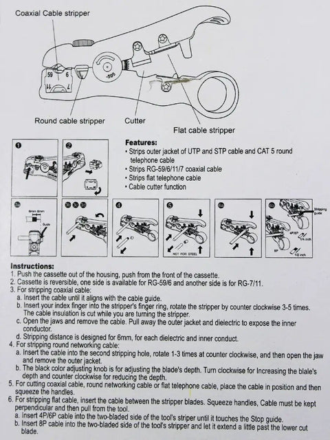 Diagram and instructions for Universal Cable Stripper And Cutter For Flat Or Round Wires Including Cat5 Cat6 And Coaxial Coax