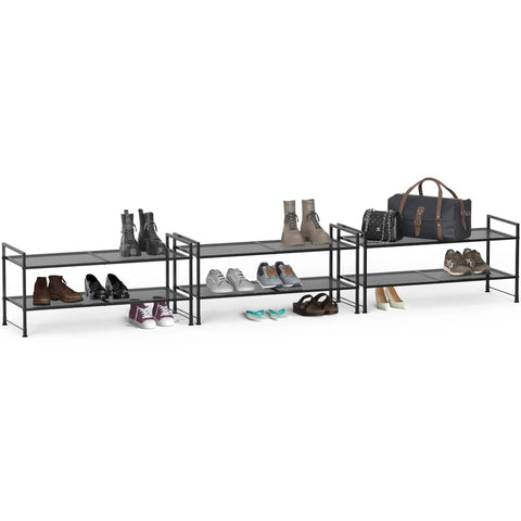 Two Tier Stackable Metal Wire Shoe Rack In Black Stores Six Pairs Of Kicks With Room For Loose Slippers Tough Heavy Gauge Steel Quick One Person Build Out For Closets Or Mudrooms