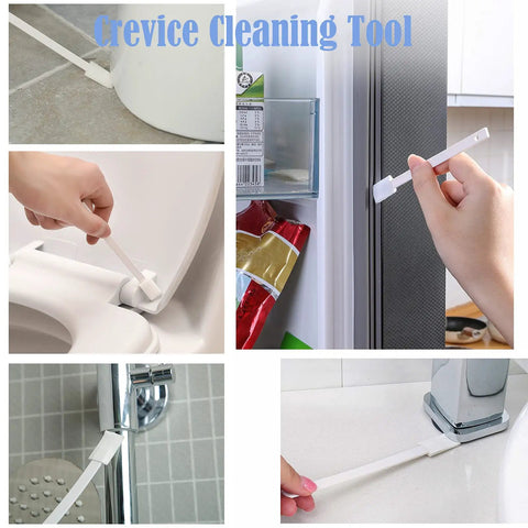 Disposable Crevice Cleaning Tool Set With 50 Replaceable Brush Heads in use on baseboards, door grooves, and bathroom fixtures