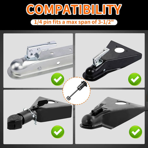 Keyed Alike Trailer Hitch Lock Set For Two Inch And Two Point Five Inch Receivers, showing 1/4 inch pin compatibility for couplers
