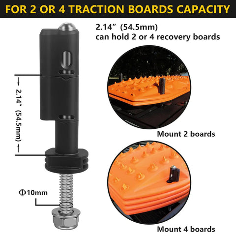 Lockable Mounting Pins For MKII Recovery Traction Boards 4 Pack shows pin dimensions and board capacity on vehicle