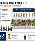 77 Piece Rivet Nut Kit With Carbon Steel Head Tool Set Includes M3 To M12 Mandrel Heads And 70 Threaded Rivet Nuts For Fast Installation And Easy, Reliable, Heavy Duty Pro Grade Repairs On Metal Panels. M3-M12 carbon steel rivet nut kit with organized case and mandrel heads