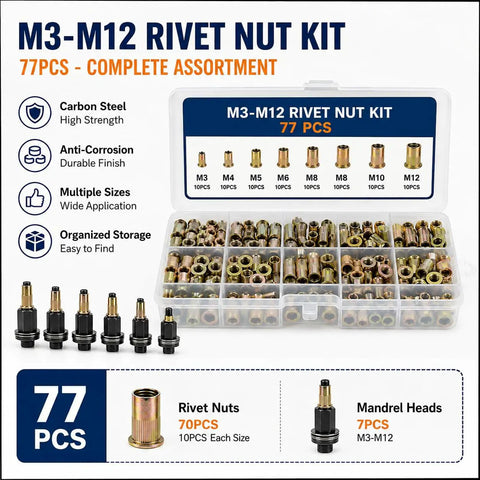 77 Piece Rivet Nut Kit With Carbon Steel Head Tool Set Includes M3 To M12 Mandrel Heads And 70 Threaded Rivet Nuts For Fast Installation And Easy, Reliable, Heavy Duty Pro Grade Repairs On Metal Panels. M3-M12 carbon steel rivet nut kit with organized case and mandrel heads