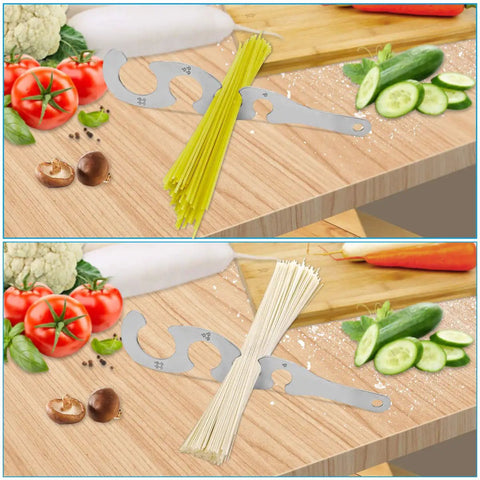 Stainless Steel Spaghetti Measure Tool With Four Serving Holes For One To Four Servings, The Go-To Must-Have Rustproof Pasta Portion Control Gadget For Kitchen And Meal Prep, stainless steel pasta measure with spaghetti on cutting board