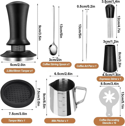 All-In-One 58mm Espresso Accessories Kit With Spring-Loaded Calibrated Tamper, WDT Tool, Milk Pitcher, Latte Art Pen, Spoon, Mat