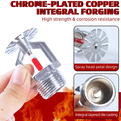 Close-up of 6 Pack Heavy Duty Fire Sprinkler Heads Pendent 3/4 Inch NPT Copper Chrome Finish with red bulb for rapid activation.