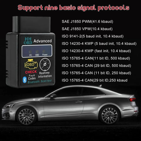 Bluetooth OBD2 Scanner For Cars With Real Time Diagnostics Read And Clear Engine Fault Codes Wireless Code Reader Tool next to car model