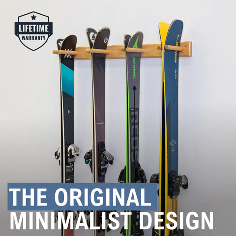 Timber Ski Wall Rack Four Pairs Vertical Ski Storage In Natural Wood with four skis displayed in a home garage mount system
